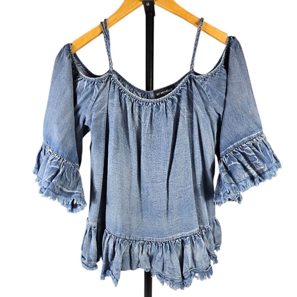 My Michelle Blue Puff Sleeve Ruffled Blouse